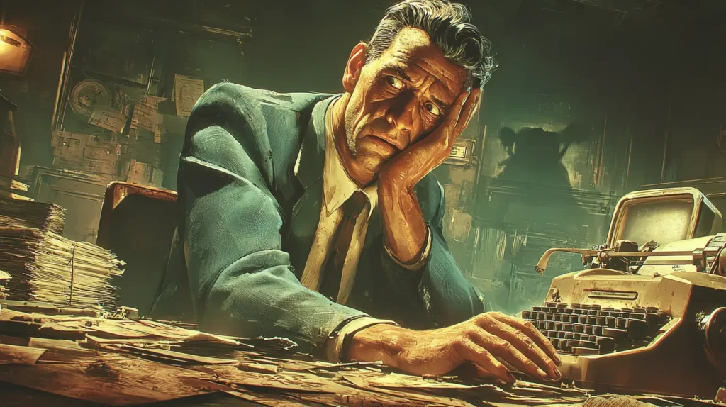 Noir style illustration of an estate agent panicked by incorrect AI property data.