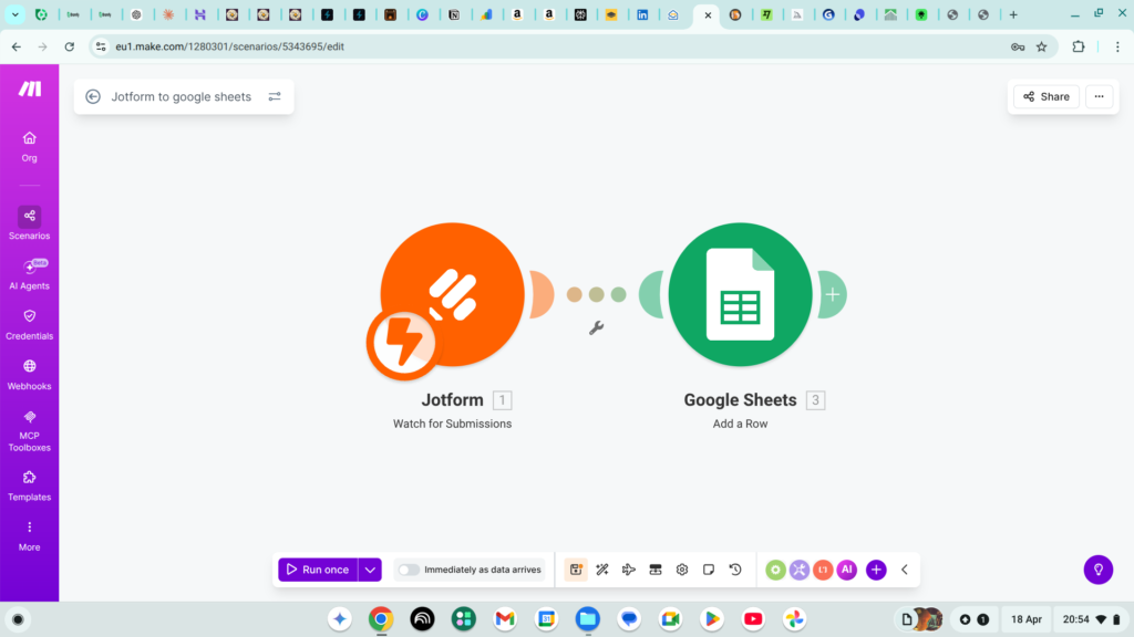 Make.com scenario showing Jotform watch for submissions connected to Google Sheets — trigger for automated lead follow-up sequence