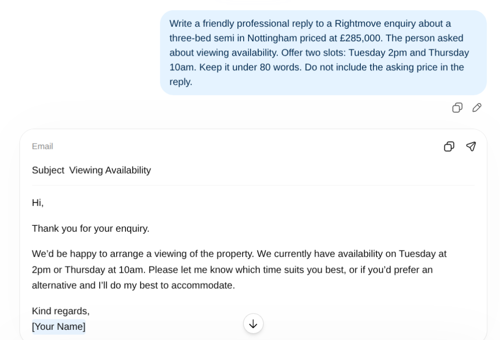 AI generating a portal lead reply for an estate agent — real output example