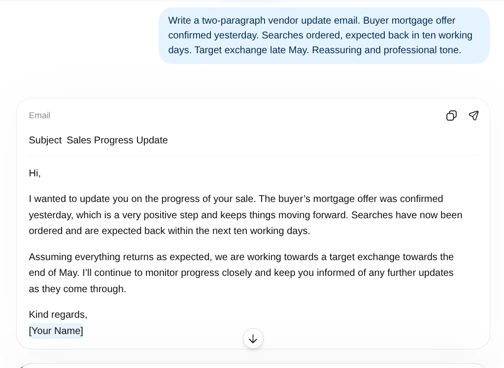ChatGPT generating a vendor update email — side by side comparison for estate agents