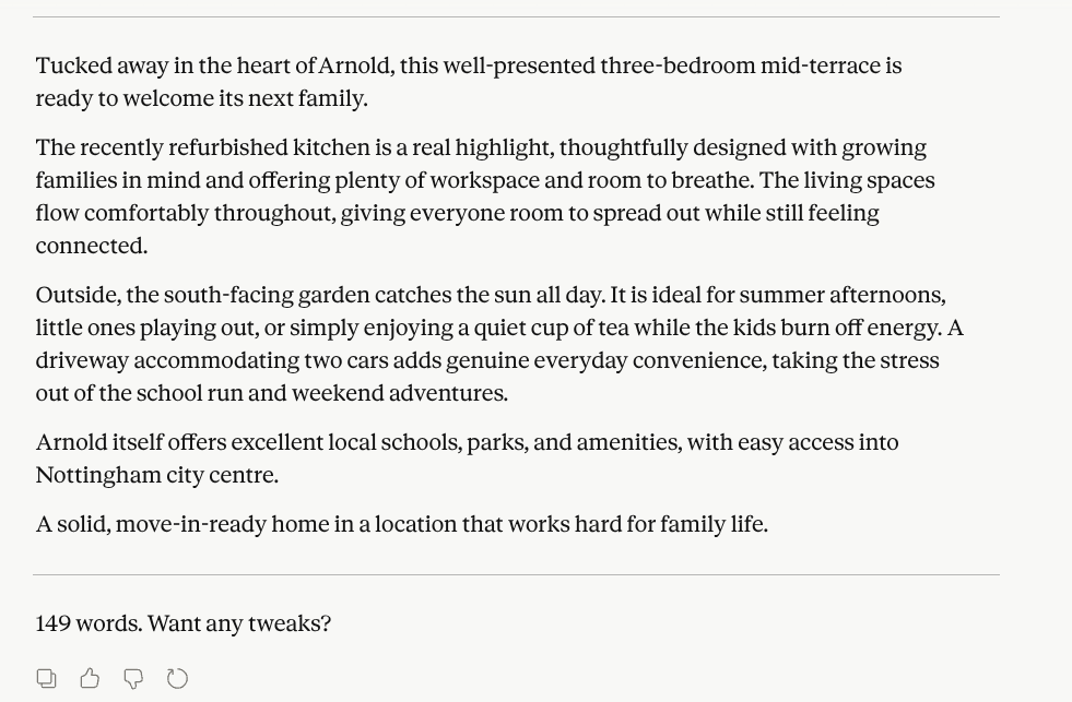 Claude AI generating a property description for an Arnold Nottingham terrace — real output example for estate agents