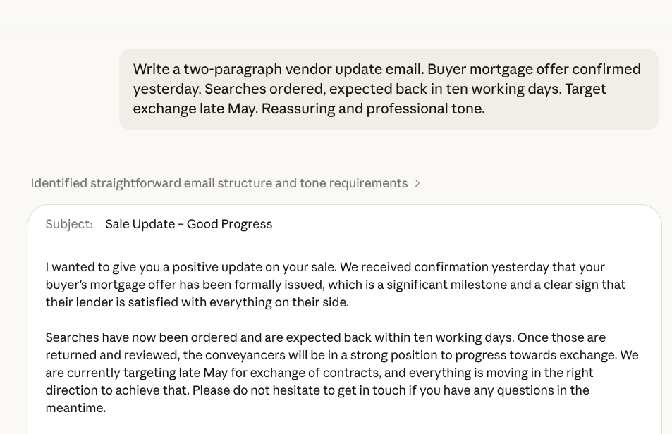 Claude generating a vendor update email — side by side comparison for estate agents