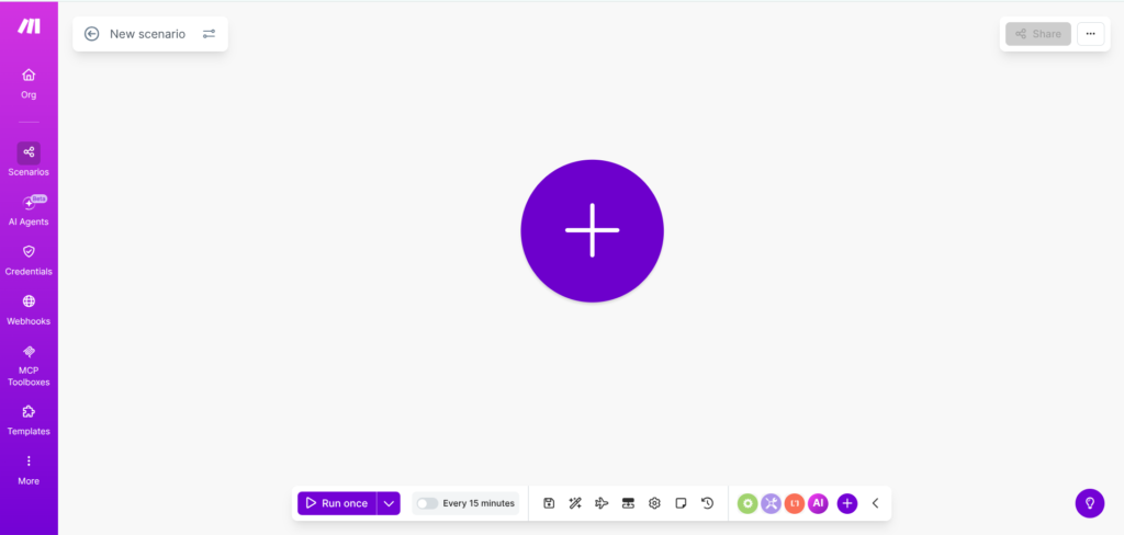 Make.com blank scenario canvas — starting point for property listing Instagram automation