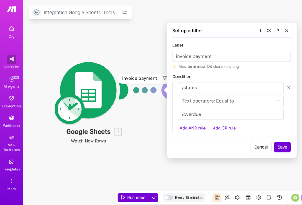 Make.com scenario showing Google Sheets connected to a filter module — automated invoice chasing setup for small businesses