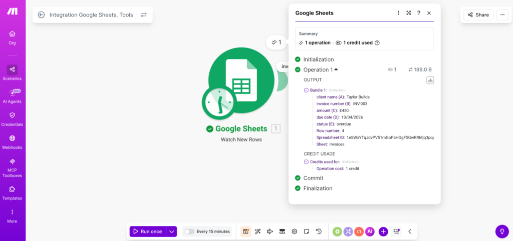 Make.com scenario history showing invoice chasing automation firing on an overdue row — testing before going live