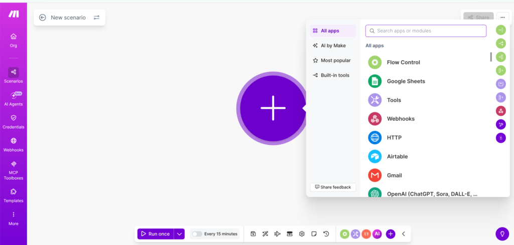 Make.com blank scenario — starting point for a lead follow-up automation
