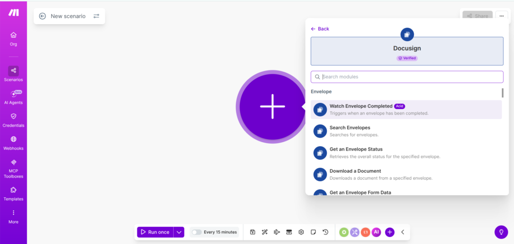 Searching for DocuSign and PandaDoc in Make.com module library — trigger options for automated client onboarding