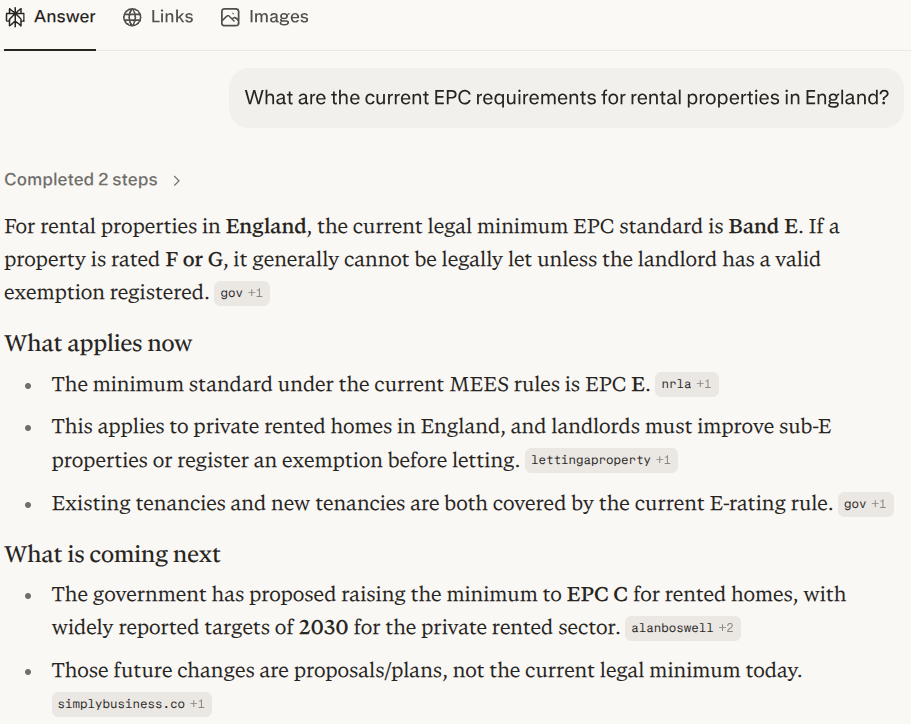 Perplexity showing sourced real-time answer on EPC requirements for rental properties — why property professionals use it for current information