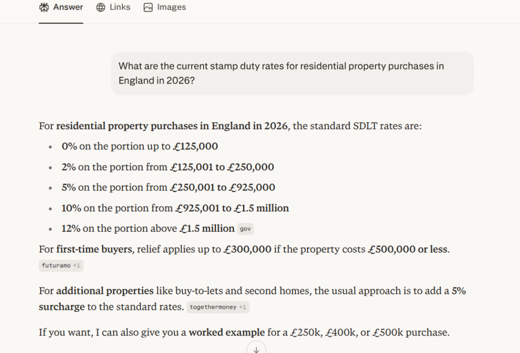 Perplexity AI showing sourced real-time answer on stamp duty rates — research tool for property professionals
