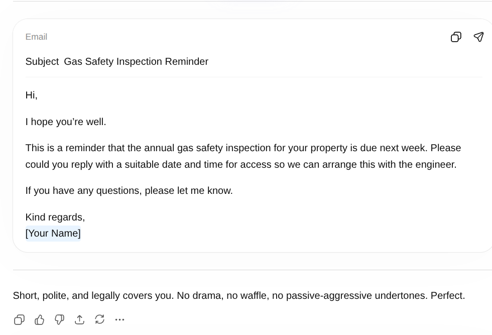 specific tenant email prompt — difference in output quality for letting agents