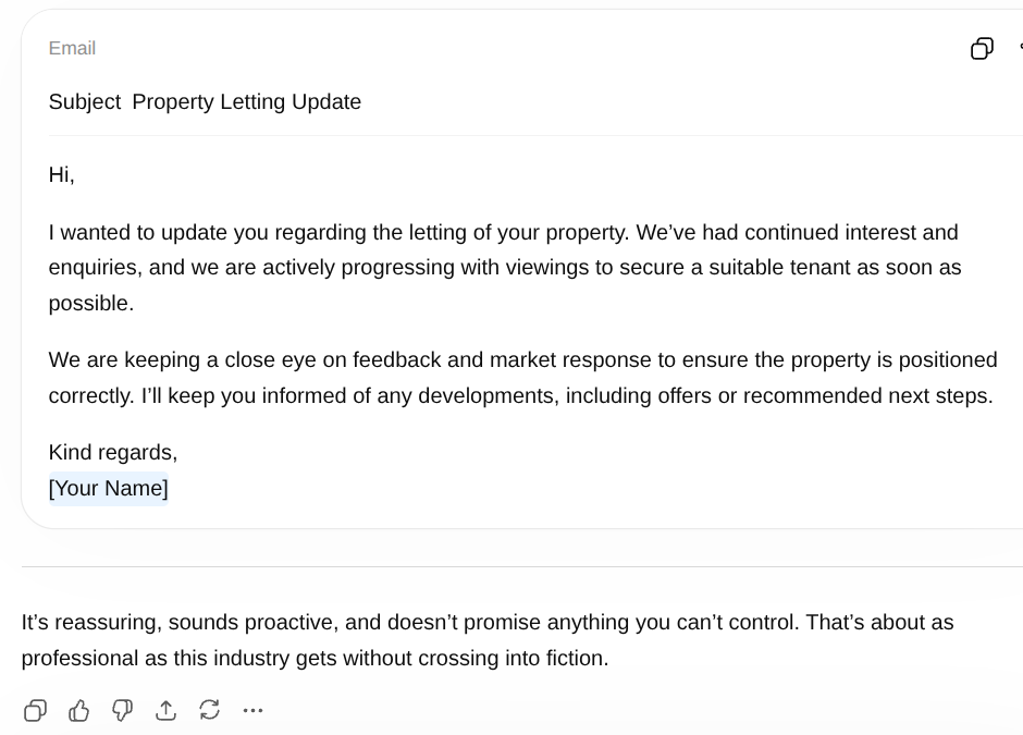 Vague AI prompt versus specific tenant email prompt — difference in output quality for letting agents