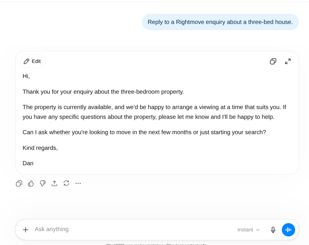 Vague AI prompt for a portal lead reply showing generic output — what estate agents get without a proper brief