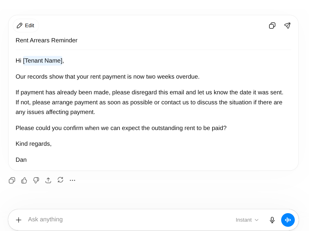 Before comparison of AI output for a UK letting agent arrears chaser email with and without a role prompt