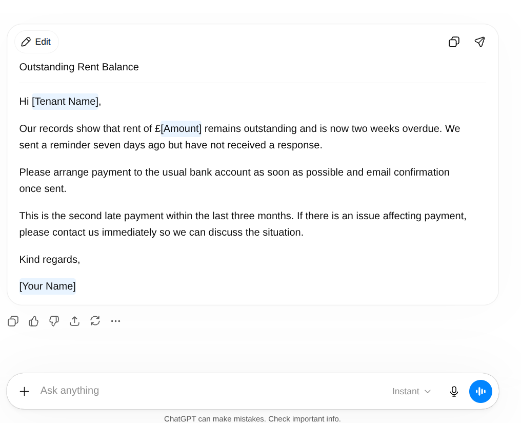 After comparison of AI output for a UK letting agent arrears chaser email with and without a role prompt