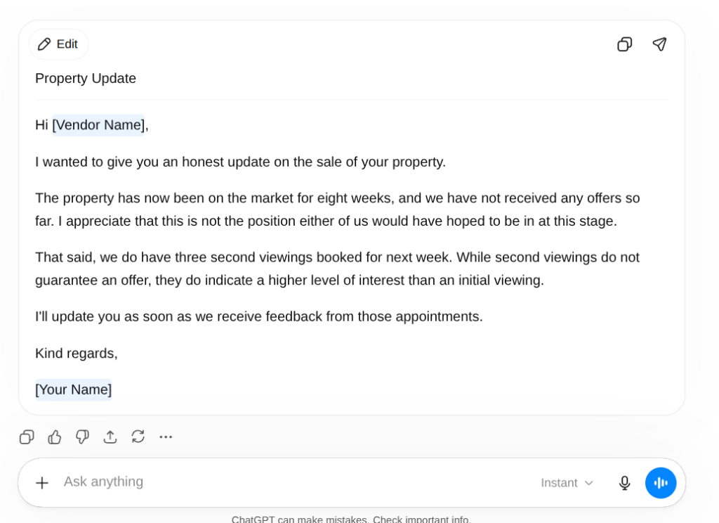 After AI output comparison showing the impact of tone instructions on a UK estate agent vendor update email