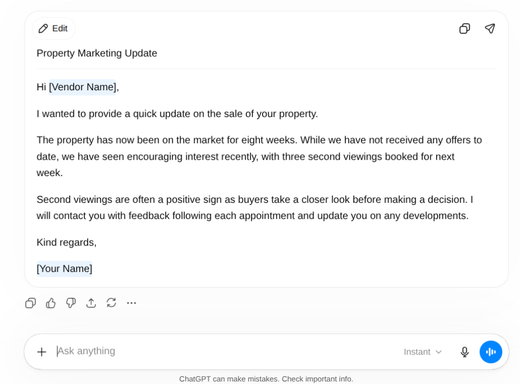 Before AI output comparison showing the impact of tone instructions on a UK estate agent vendor update email