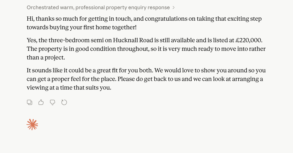 Claude AI drafting a reply to a Rightmove enquiry — real output example for estate agents