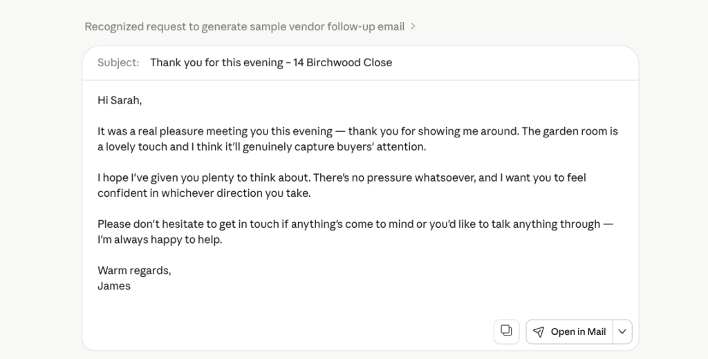 Claude AI generating a post-valuation follow-up email for an estate agent — real output example