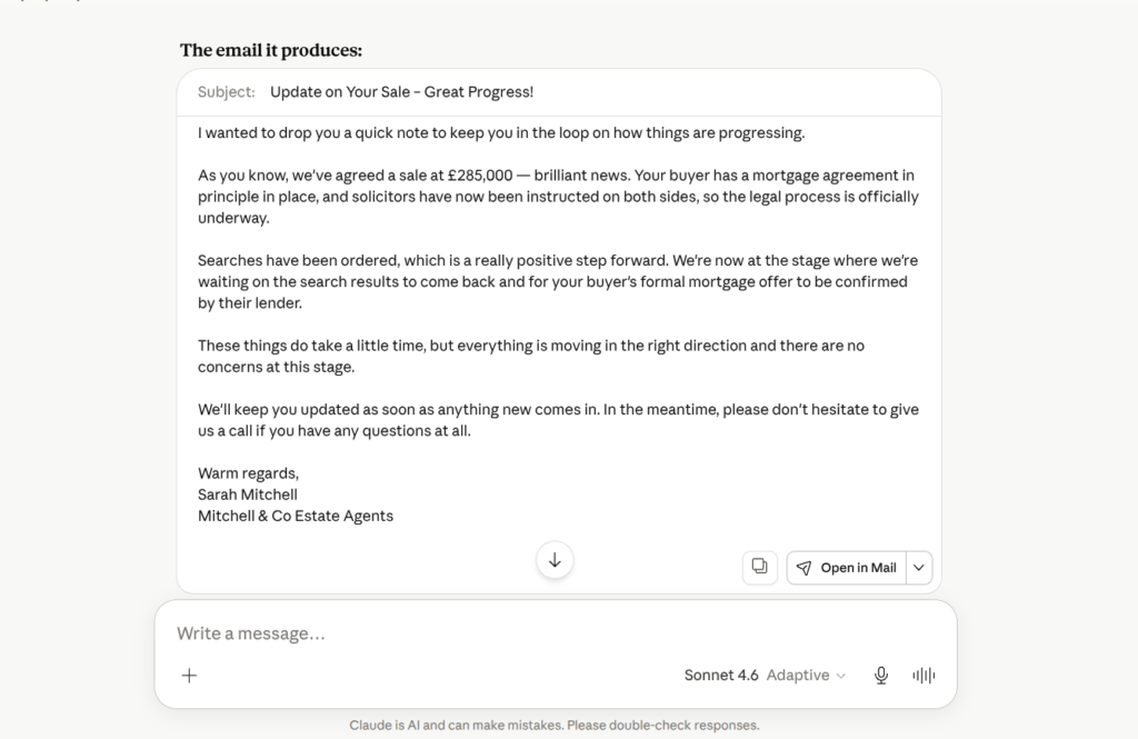 Claude AI generating a vendor update email for an estate agent — real output example for sales progression
