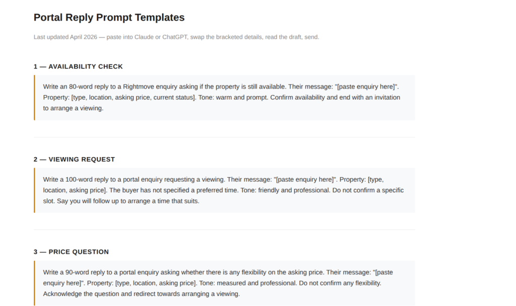 Saved AI prompt templates for estate agent portal enquiry replies