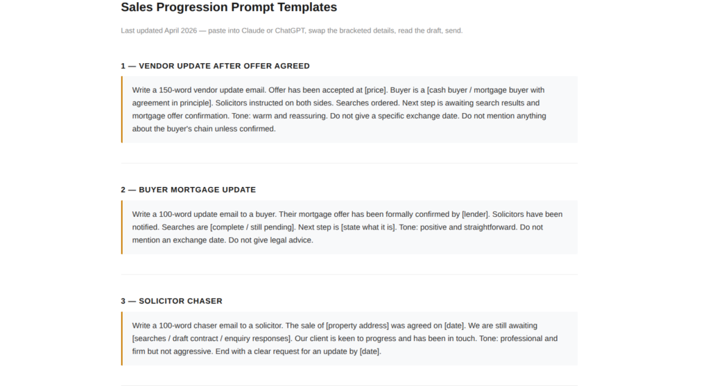 Saved AI prompt templates for estate agent sales progression emails