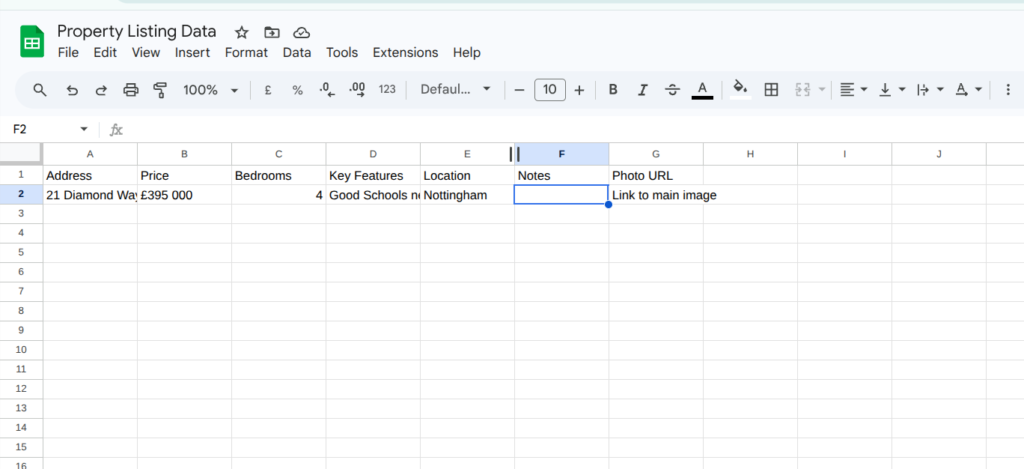 Google Sheet with property listing data — trigger for Instagram automation in Make.com