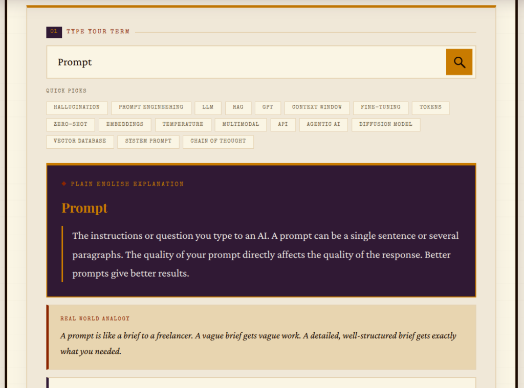 The No Jargon AI Jargon Buster tool explaining AI prompting terms in plain English for UK property professionals