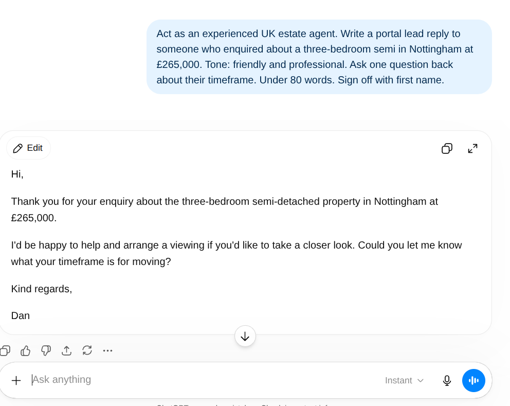 Before AI output showing how follow-up prompts improve a UK estate agent portal lead reply from first draft to final version