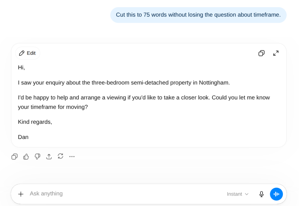 After AI output showing how follow-up prompts improve a UK estate agent portal lead reply from first draft to final version