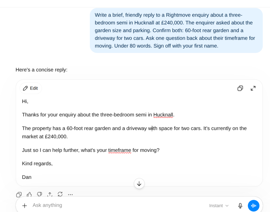 Specific AI prompt for a Rightmove enquiry reply showing detailed usable output — the difference a clear brief makes

